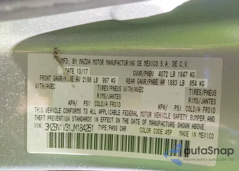 2018 Mazda Mazda3 Touring из США, поврежденный, VIN 3MZBN1V31JM184251